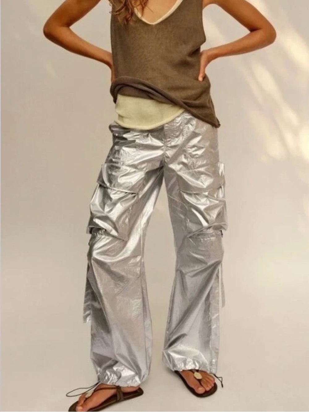 Zara Metallic Silver Cargo Pants Sz Large